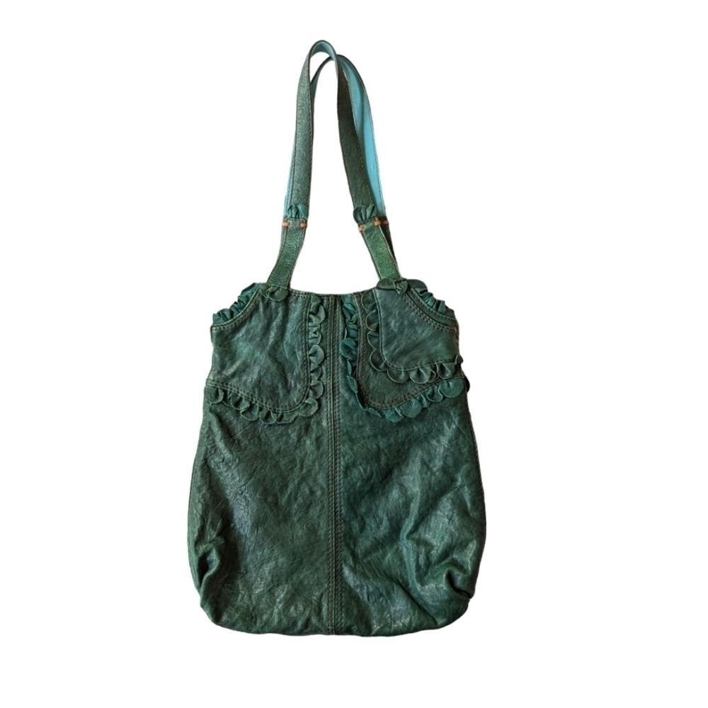 Lucky Brand teal green leather tote Rocken Ruffles Y2K vintage
